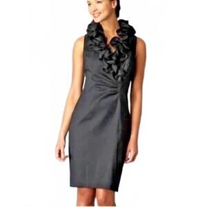 XSCAPE BY JOANNA CHEN Black Ruffled Neck Ruched Waist Knee Length Dress Size 4